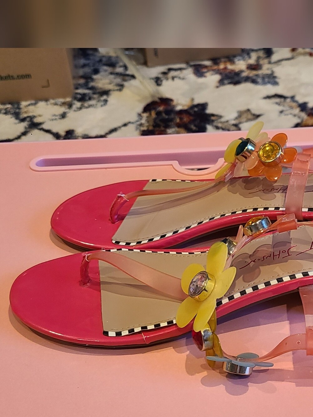 Betsey Johnson Pink Floral Jelly T-Strap Sandals with Multi Gem Flowers - Picture 3 of 5